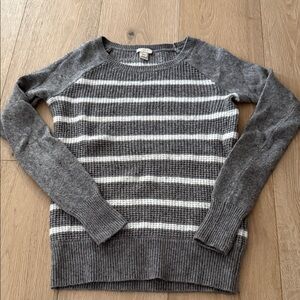 J. Crew Gray and White Striped Crew Neck Sweater